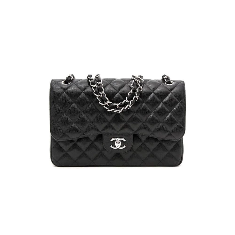 CHANEL LARGE CLASSIC HANDBAG Grained Calfskin Silver Metal,CHANEL,BAGS