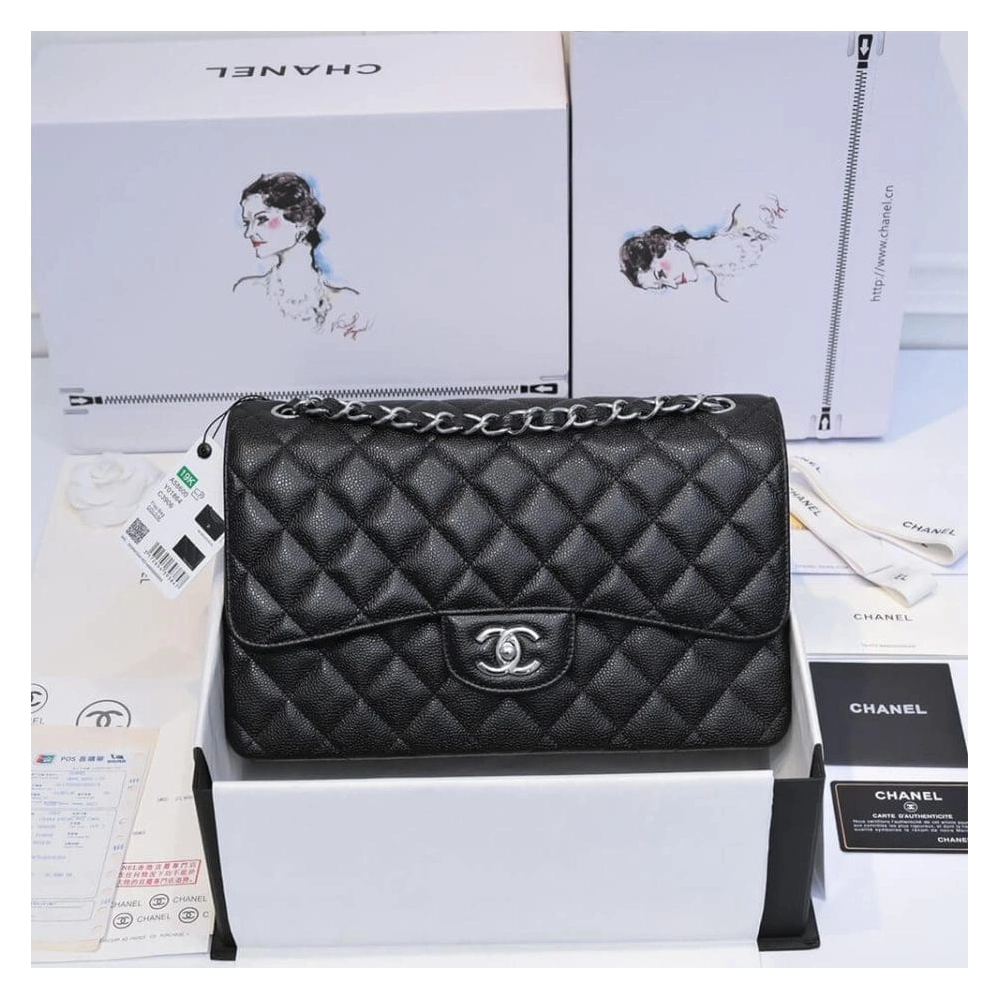 CHANEL LARGE CLASSIC HANDBAG Grained Calfskin Silver Metal,CHANEL,BAGS