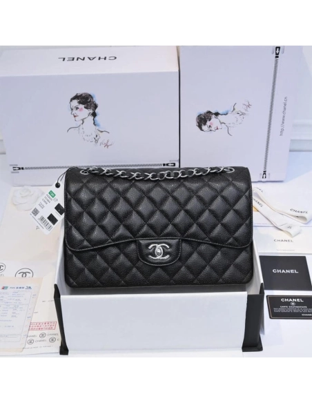 CHANEL LARGE CLASSIC HANDBAG Grained Calfskin Silver Metal,CHANEL,BAGS