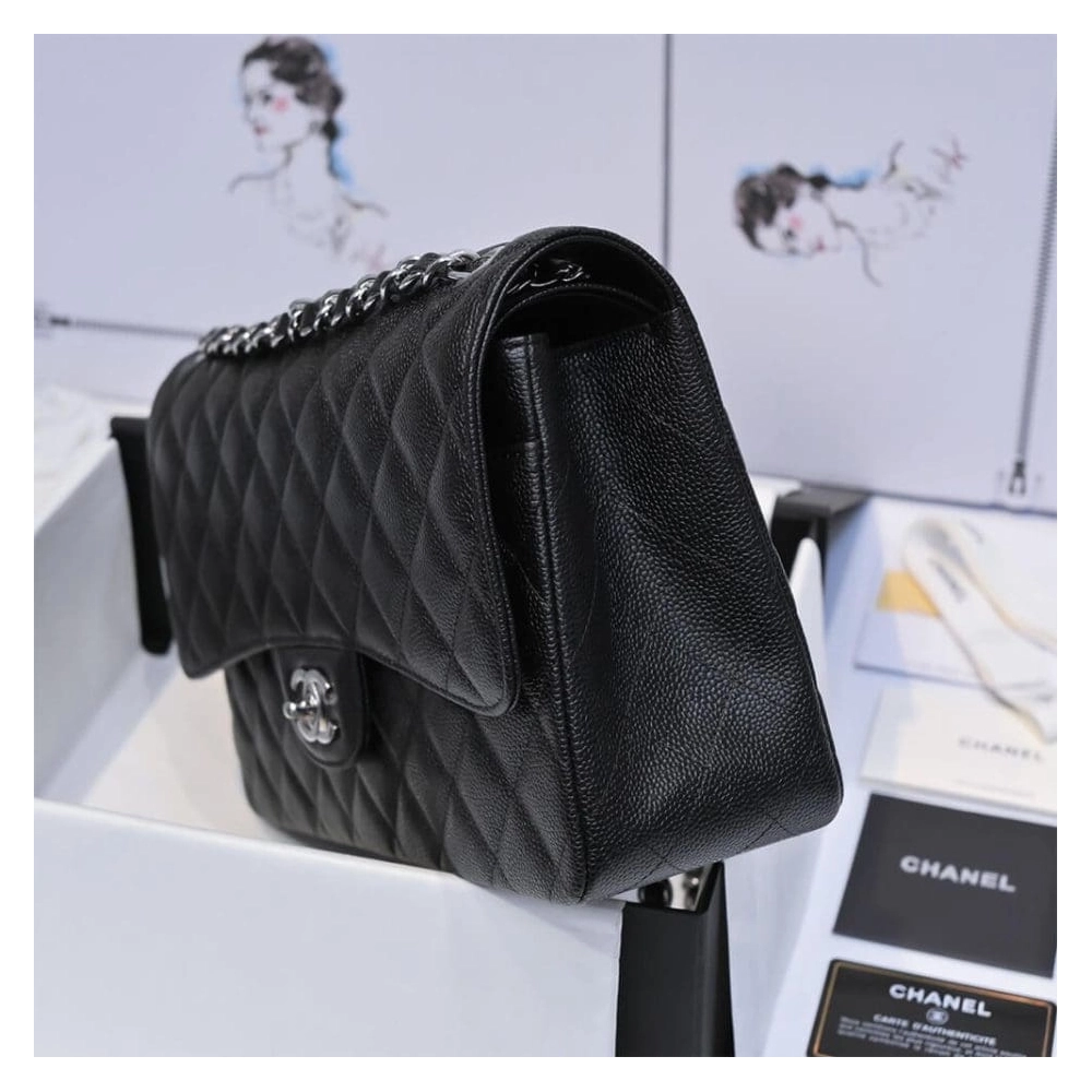 CHANEL LARGE CLASSIC HANDBAG Grained Calfskin Silver Metal,CHANEL,BAGS