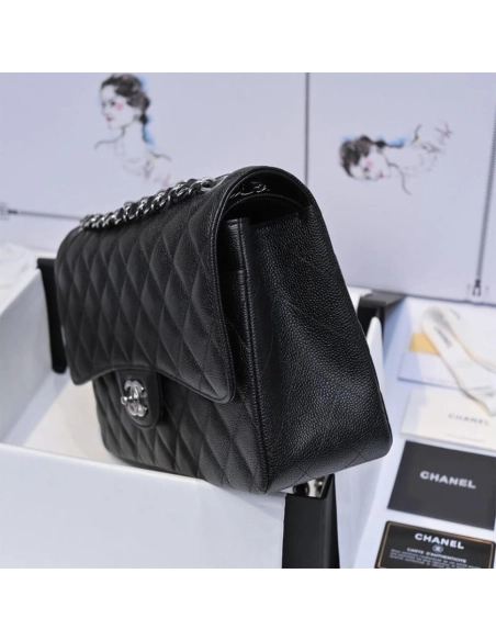 CHANEL LARGE CLASSIC HANDBAG Grained Calfskin Silver Metal,CHANEL,BAGS