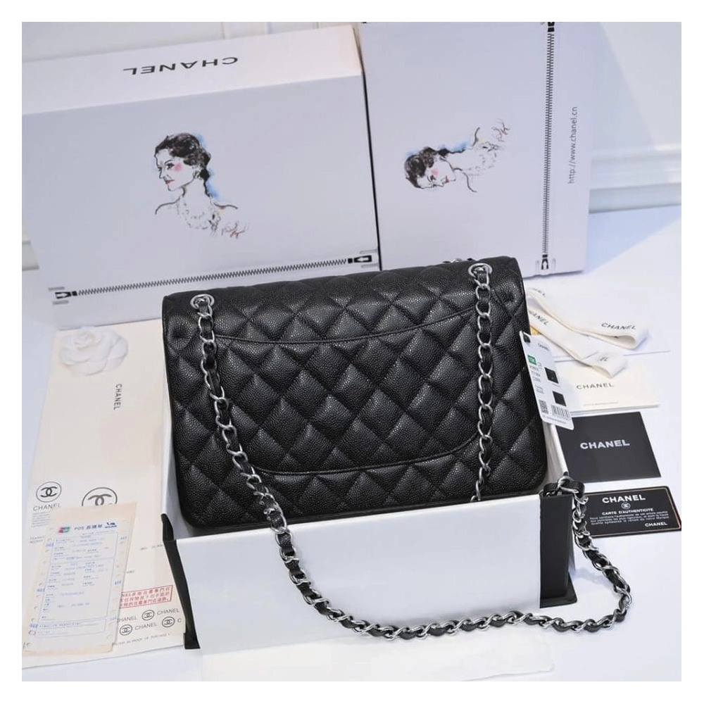 CHANEL LARGE CLASSIC HANDBAG Grained Calfskin Silver Metal,CHANEL,BAGS