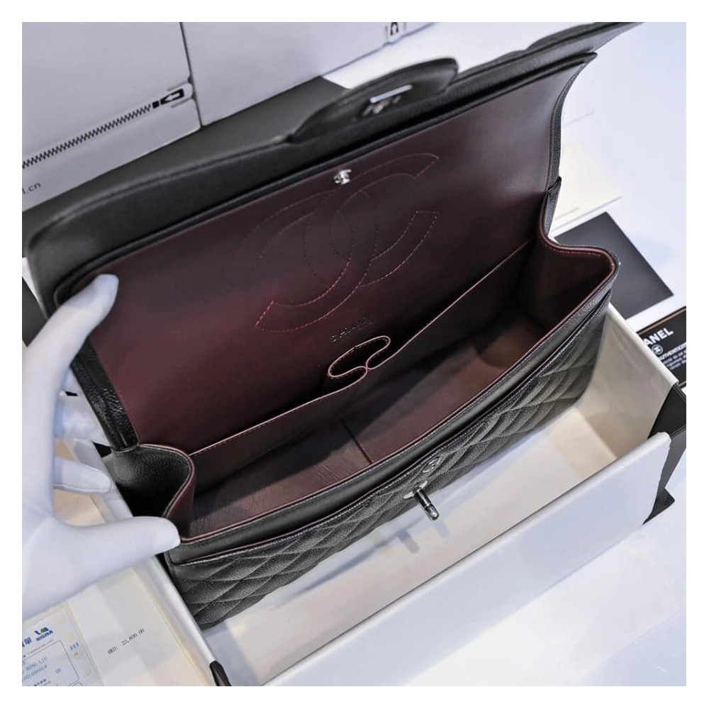 CHANEL LARGE CLASSIC HANDBAG Grained Calfskin Silver Metal,CHANEL,BAGS