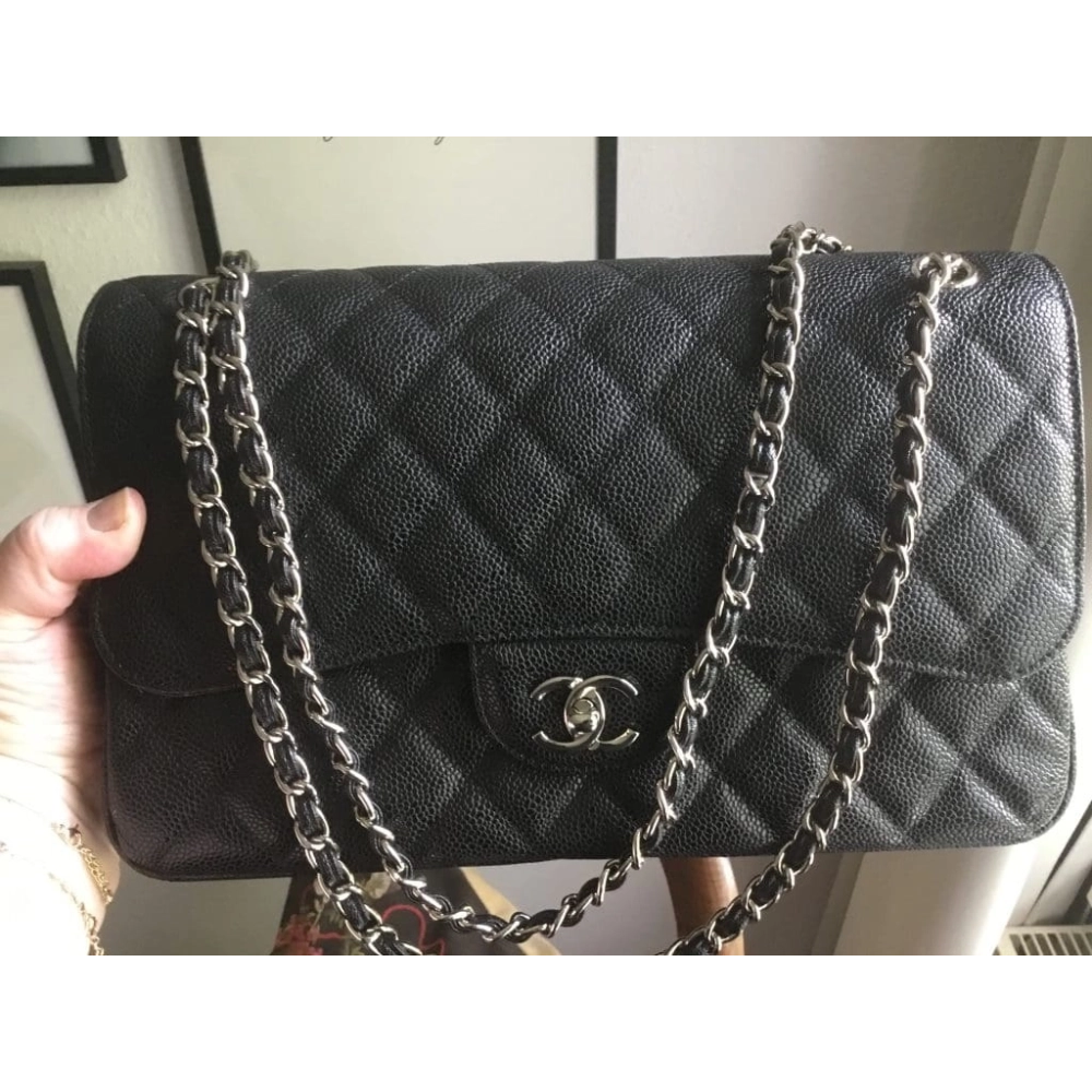 CHANEL LARGE CLASSIC HANDBAG Grained Calfskin Silver Metal,CHANEL,BAGS