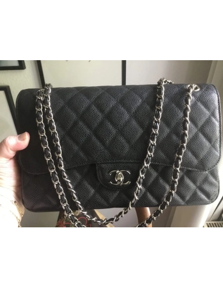 CHANEL LARGE CLASSIC HANDBAG Grained Calfskin Silver Metal,CHANEL,BAGS