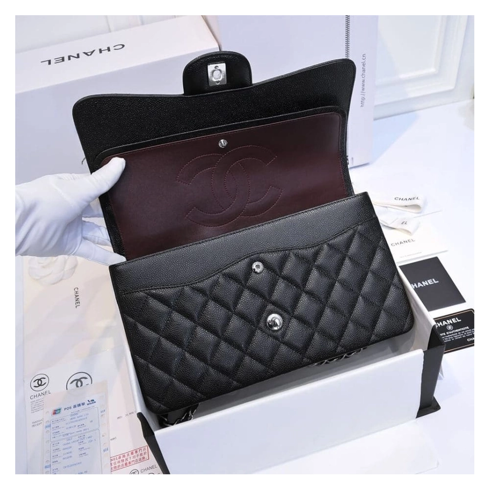 CHANEL LARGE CLASSIC HANDBAG Grained Calfskin Silver Metal,CHANEL,BAGS