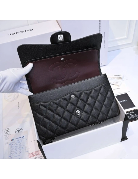 CHANEL LARGE CLASSIC HANDBAG Grained Calfskin Silver Metal,CHANEL,BAGS