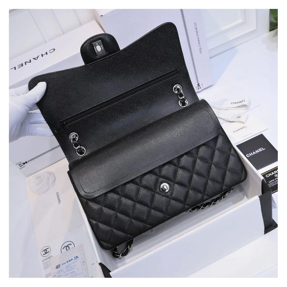 CHANEL LARGE CLASSIC HANDBAG Grained Calfskin Silver Metal,CHANEL,BAGS