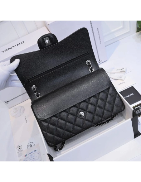 CHANEL LARGE CLASSIC HANDBAG Grained Calfskin Silver Metal,CHANEL,BAGS