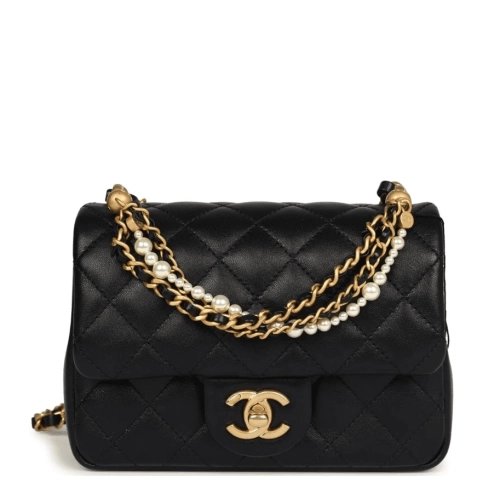 Chanel Mini Square Pearl Crush Flap Bag Black Lambskin Brushed Gold Hardware,CHANEL,BAGS