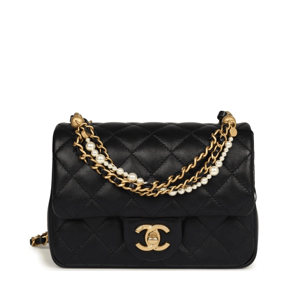 Chanel Mini Square Pearl Crush Flap Bag Black Lambskin Brushed Gold Hardware,CHANEL,BAGS