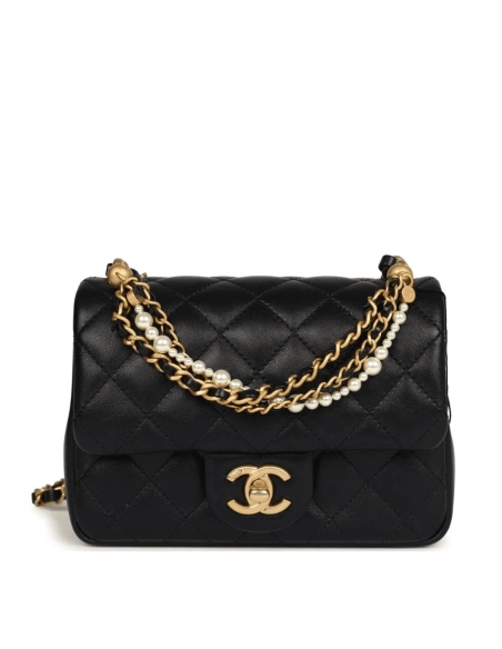 Chanel Mini Square Pearl Crush Flap Bag Black Lambskin Brushed Gold Hardware,CHANEL,BAGS