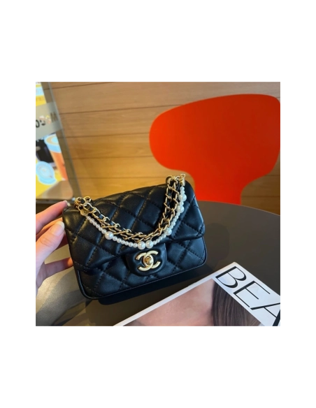 Chanel Mini Square Pearl Crush Flap Bag Black Lambskin Brushed Gold Hardware,CHANEL,BAGS