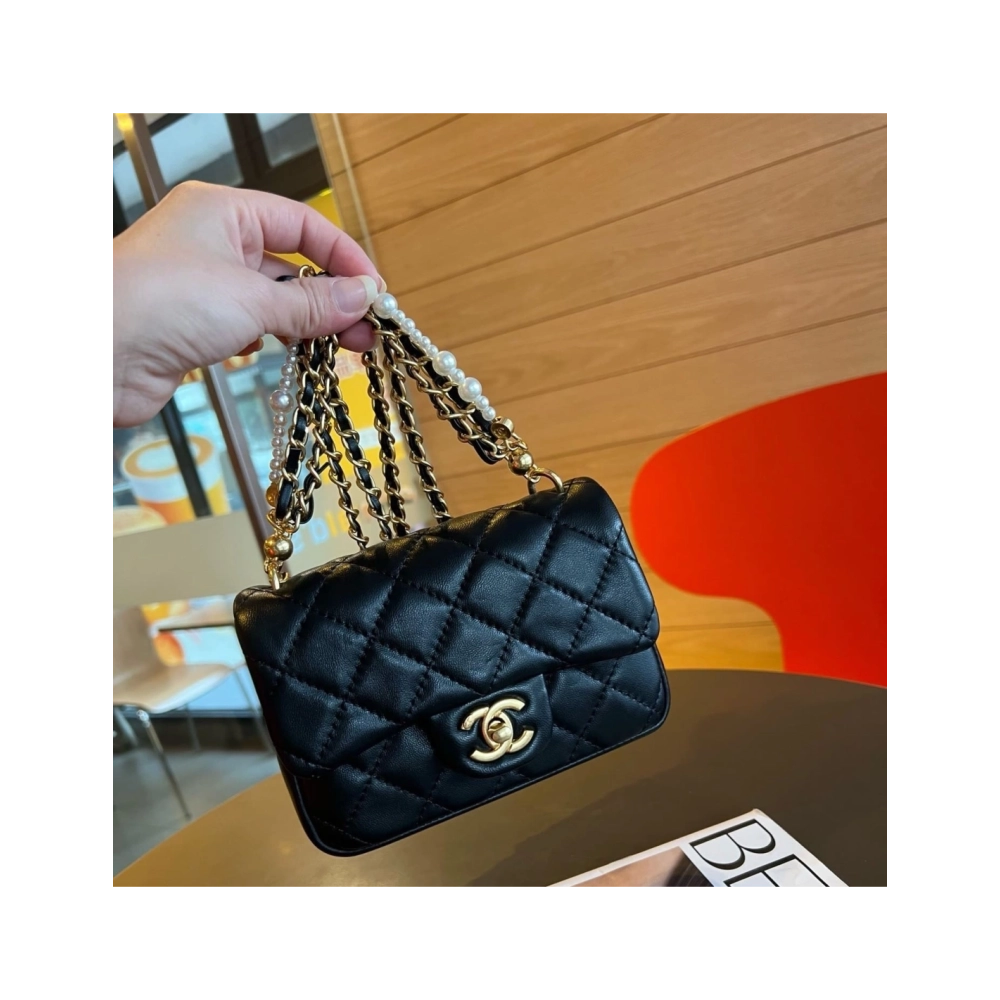 Chanel Mini Square Pearl Crush Flap Bag Black Lambskin Brushed Gold Hardware,CHANEL,BAGS