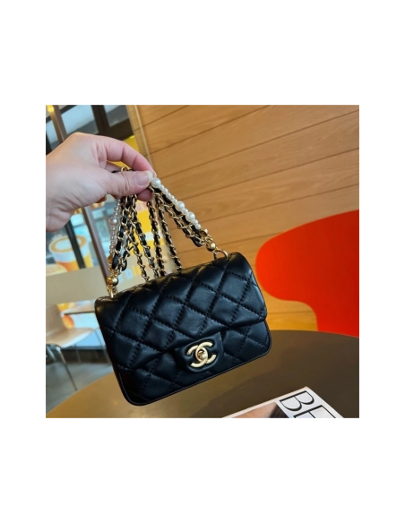 Chanel Mini Square Pearl Crush Flap Bag Black Lambskin Brushed Gold Hardware,CHANEL,BAGS