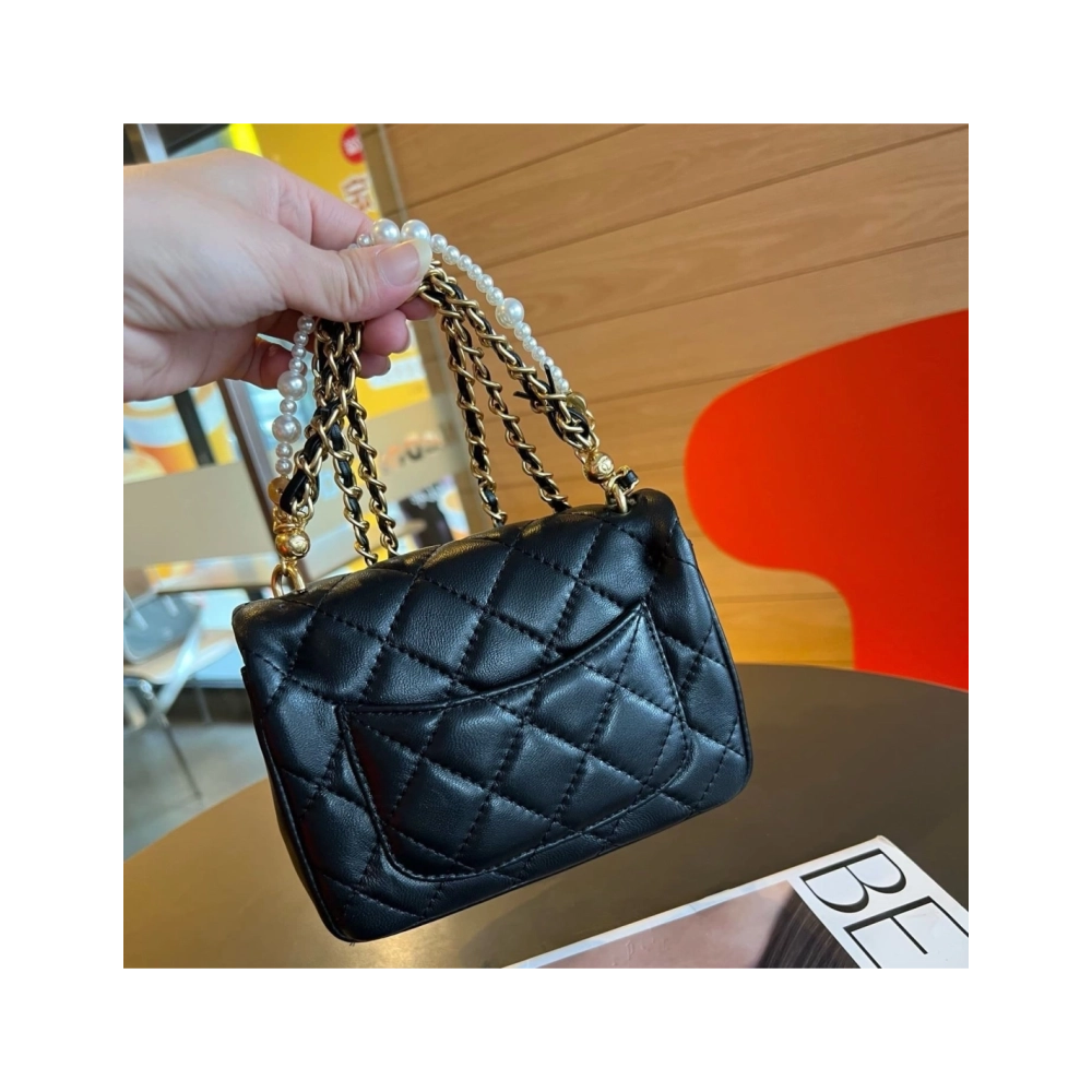 Chanel Mini Square Pearl Crush Flap Bag Black Lambskin Brushed Gold Hardware,CHANEL,BAGS