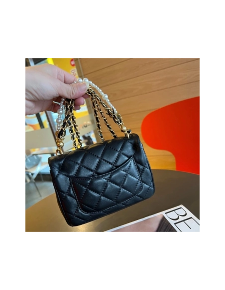 Chanel Mini Square Pearl Crush Flap Bag Black Lambskin Brushed Gold Hardware,CHANEL,BAGS