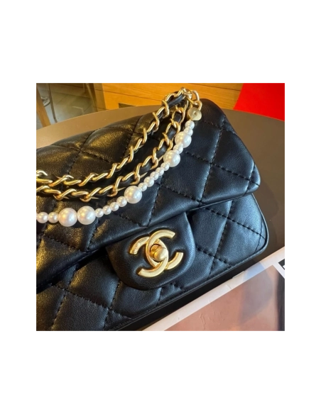 Chanel Mini Square Pearl Crush Flap Bag Black Lambskin Brushed Gold Hardware,CHANEL,BAGS