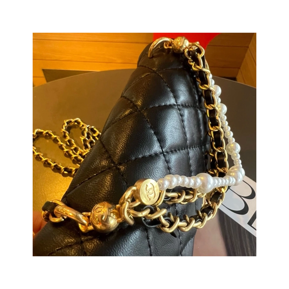 Chanel Mini Square Pearl Crush Flap Bag Black Lambskin Brushed Gold Hardware,CHANEL,BAGS