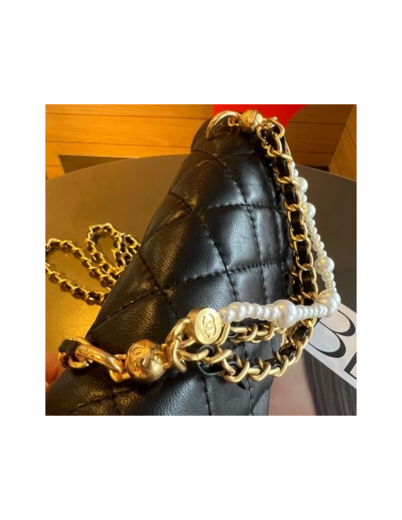 Chanel Mini Square Pearl Crush Flap Bag Black Lambskin Brushed Gold Hardware,CHANEL,BAGS