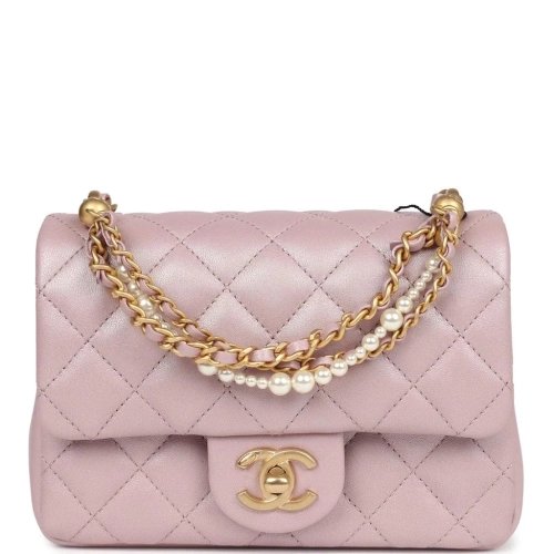 Chanel Mini Square Pearl Flap Bag Light Pink Iridescent Lambskin Brushed Gold Hardware,CHANEL,BAGS