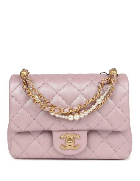 Chanel Mini Square Pearl Flap Bag Light Pink Iridescent Lambskin Brushed Gold Hardware,CHANEL,BAGS