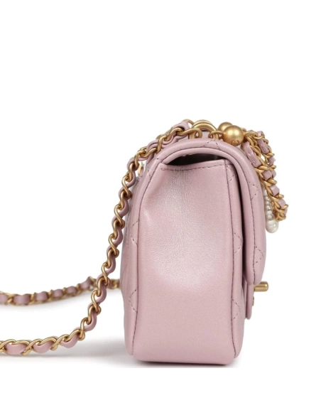Chanel Mini Square Pearl Flap Bag Light Pink Iridescent Lambskin Brushed Gold Hardware,CHANEL,BAGS