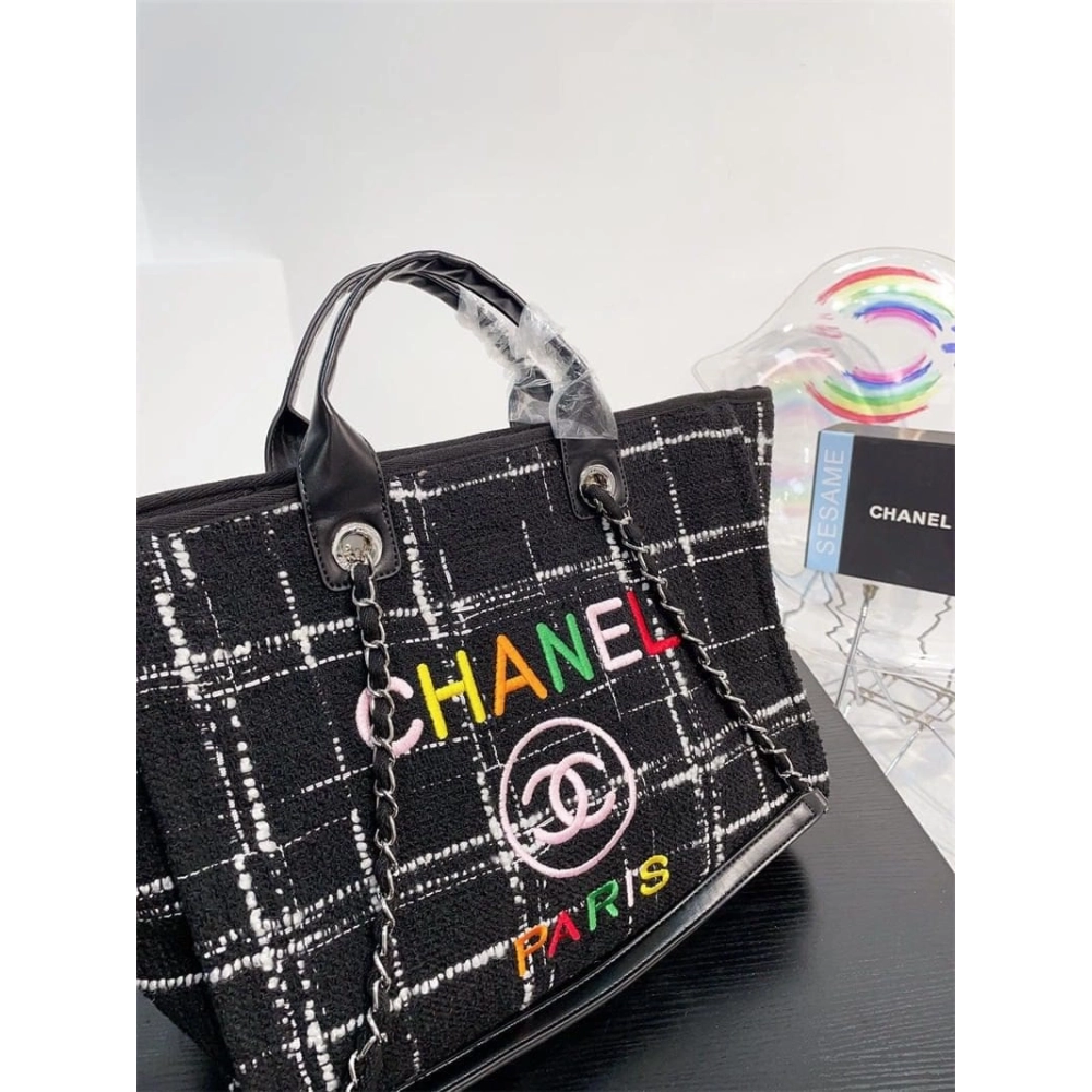 Chanel Rainbow Black Tweed Deauville Tote Black,CHANEL,BAGS