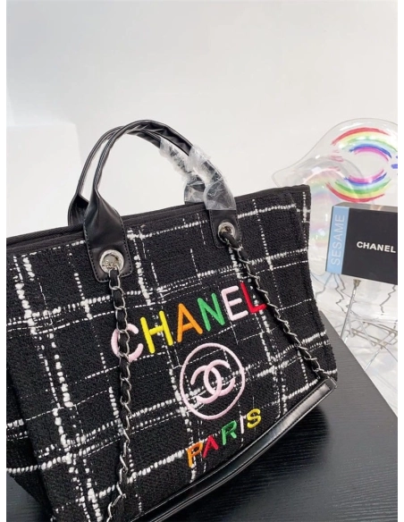 Chanel Rainbow Black Tweed Deauville Tote Black,CHANEL,BAGS