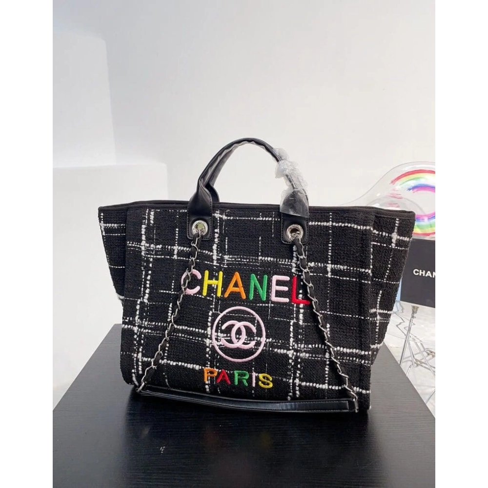 Chanel Rainbow Black Tweed Deauville Tote Black,CHANEL,BAGS