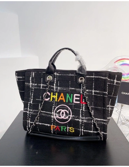 Chanel Rainbow Black Tweed Deauville Tote Black,CHANEL,BAGS