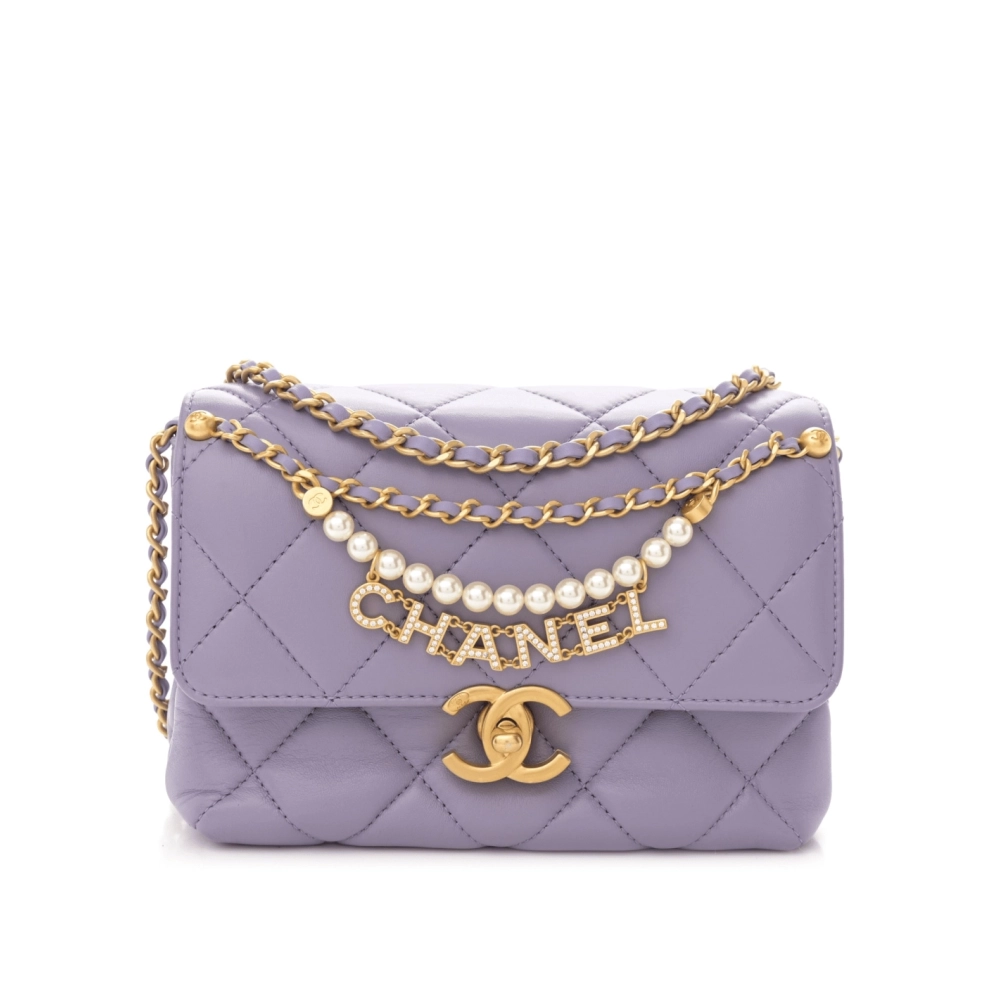 Chanel Shiny Lambskin Quilted Mini Pearl Logo Flap Light Purple,CHANEL,BAGS