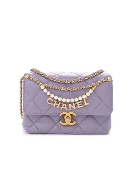 Chanel Shiny Lambskin Quilted Mini Pearl Logo Flap Light Purple,CHANEL,BAGS