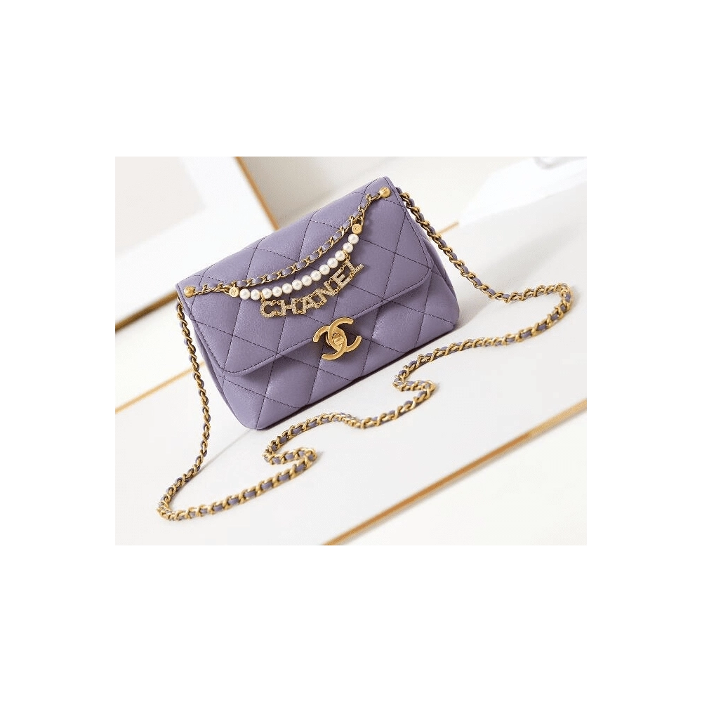 Chanel Shiny Lambskin Quilted Mini Pearl Logo Flap Light Purple,CHANEL,BAGS