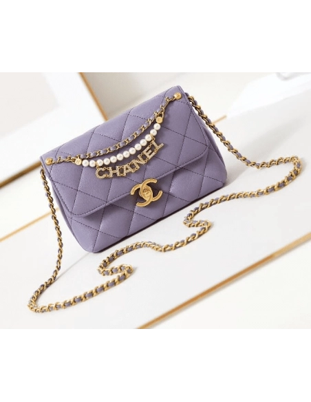 Chanel Shiny Lambskin Quilted Mini Pearl Logo Flap Light Purple,CHANEL,BAGS
