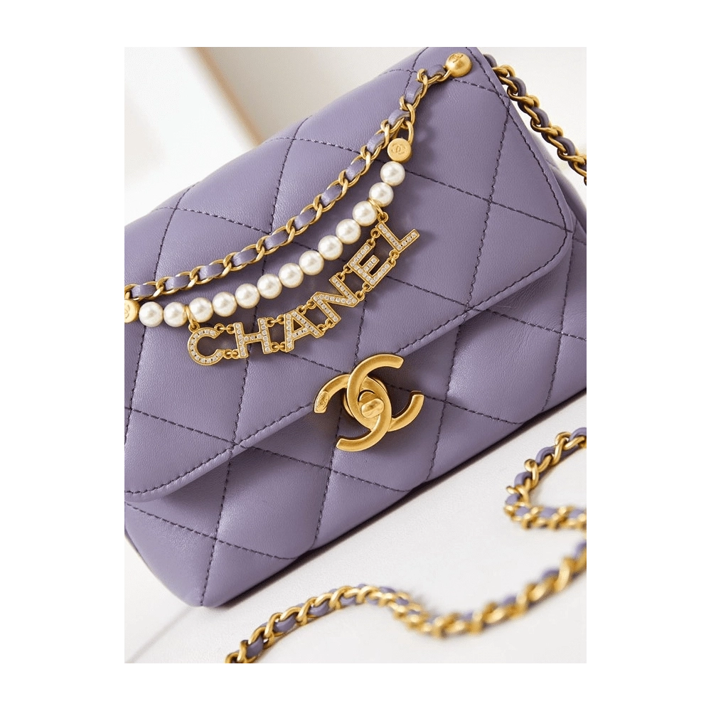 Chanel Shiny Lambskin Quilted Mini Pearl Logo Flap Light Purple,CHANEL,BAGS