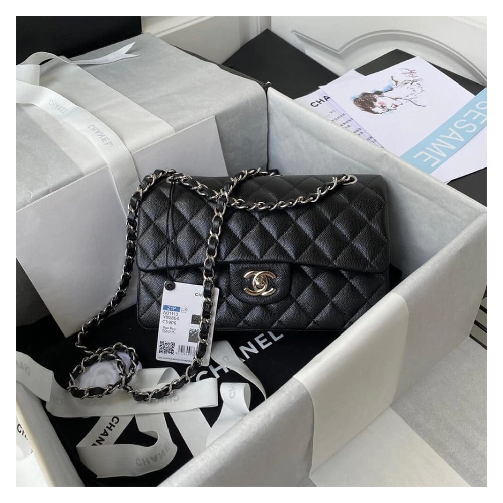 CHANEL SMALL CLASSIC HANDBAG Grained Calfskin Silver Metal,CHANEL,BAGS