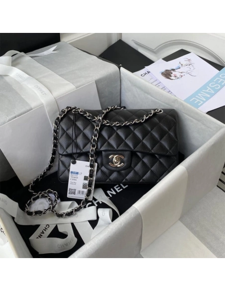 CHANEL SMALL CLASSIC HANDBAG Grained Calfskin Silver Metal,CHANEL,BAGS