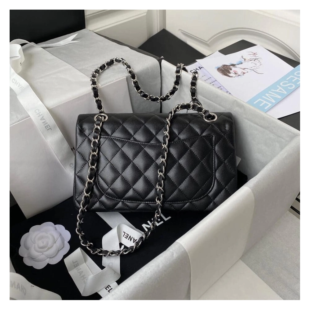 CHANEL SMALL CLASSIC HANDBAG Grained Calfskin Silver Metal,CHANEL,BAGS