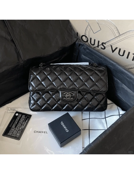 Chanel So Black Classic Double Flap Quilted Shiny Crumpled Bag,CHANEL,BAGS