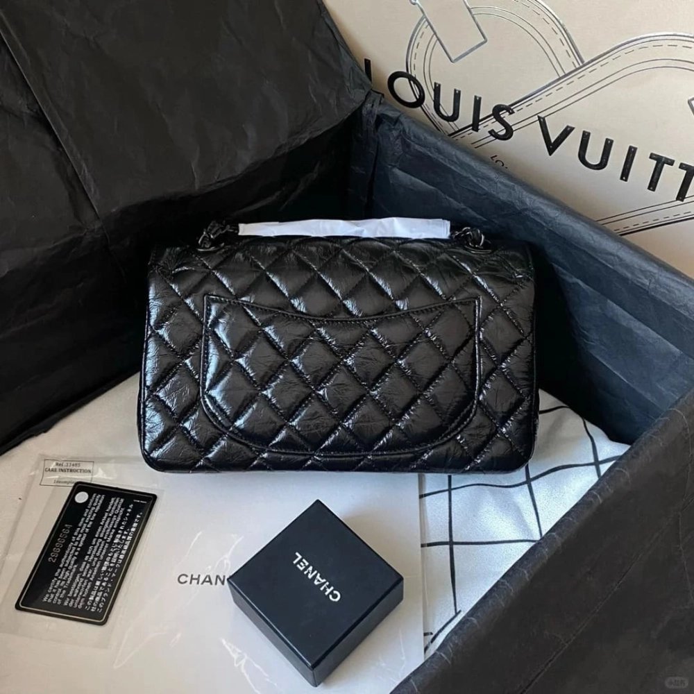 Chanel So Black Classic Double Flap Quilted Shiny Crumpled Bag,CHANEL,BAGS