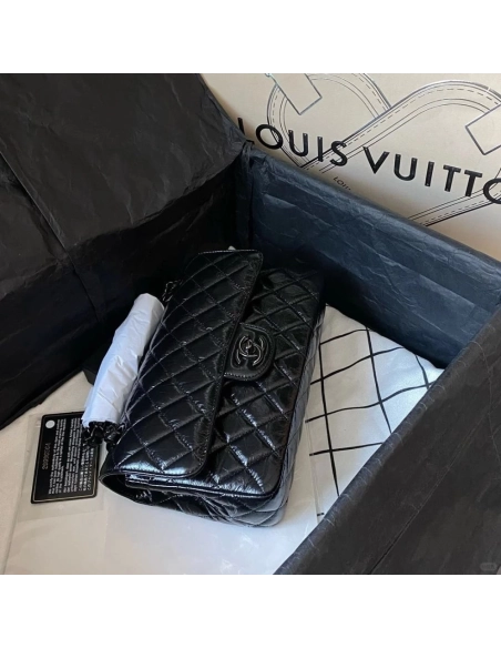 Chanel So Black Classic Double Flap Quilted Shiny Crumpled Bag,CHANEL,BAGS