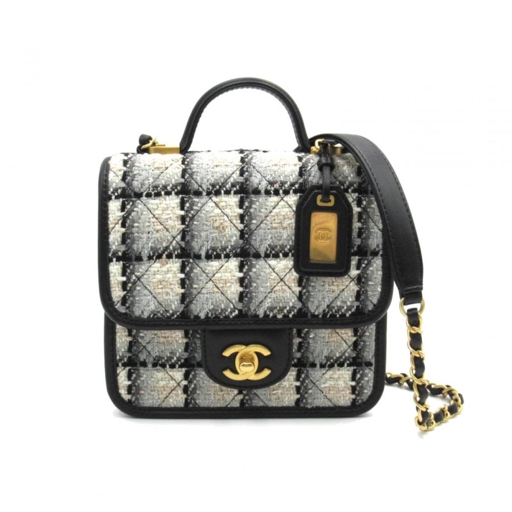 CHANEL Tweed Calfskin School Memory Mini Top Handle Flap Ecru Grey Beige Black,CHANEL,BAGS