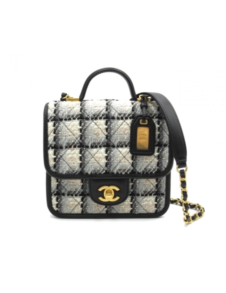 CHANEL Tweed Calfskin School Memory Mini Top Handle Flap Ecru Grey Beige Black,CHANEL,BAGS