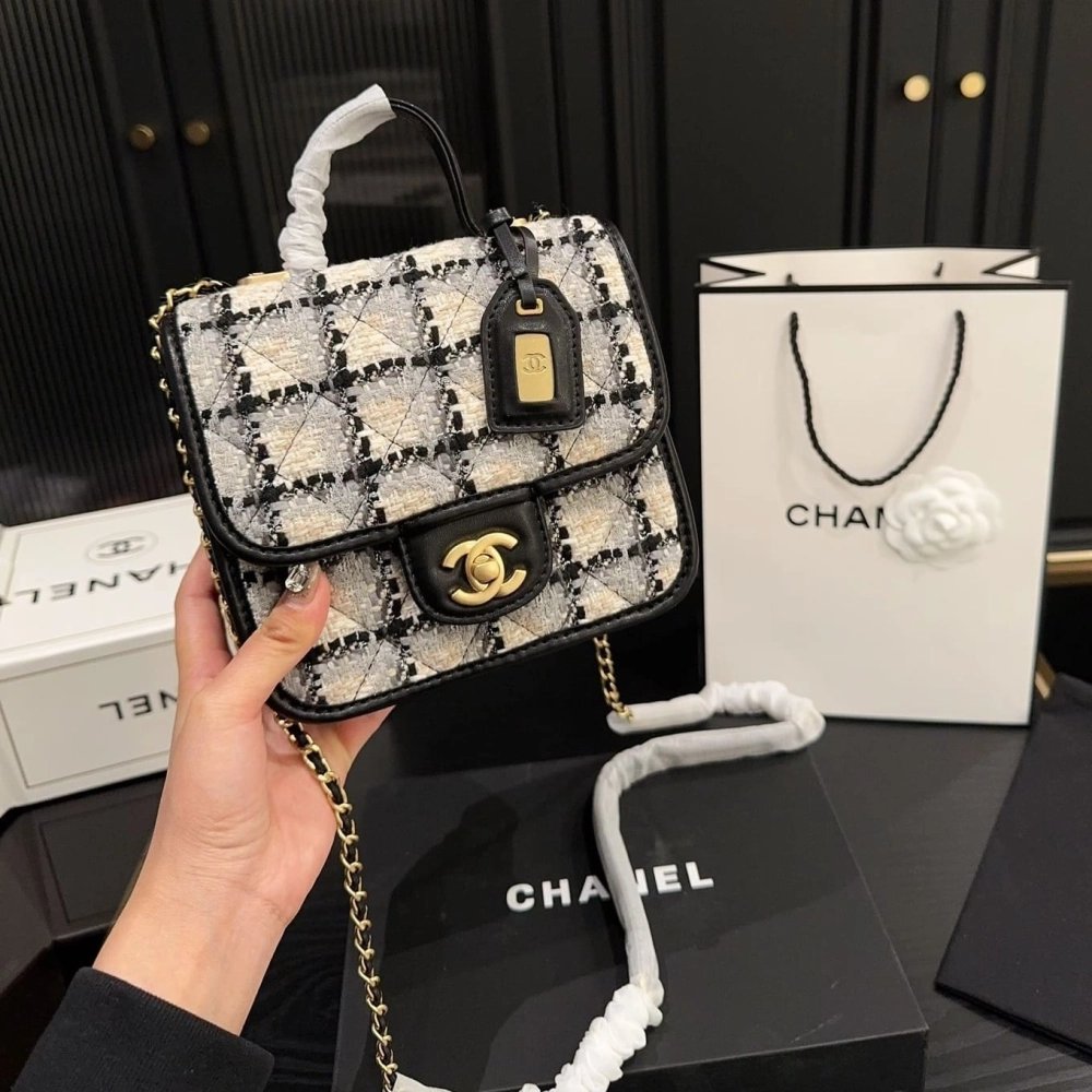 CHANEL Tweed Calfskin School Memory Mini Top Handle Flap Ecru Grey Beige Black,CHANEL,BAGS