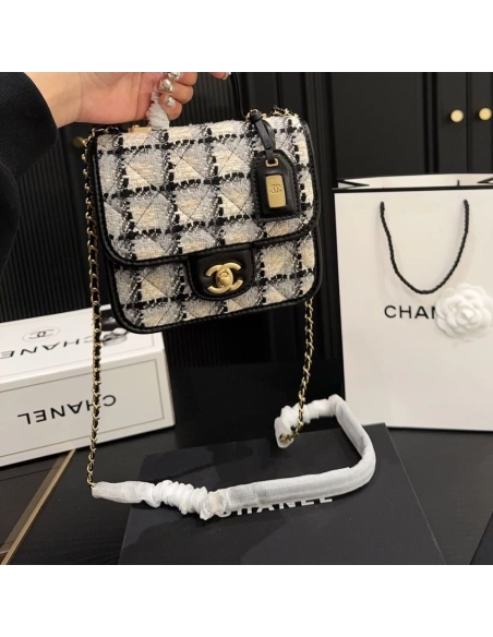 CHANEL Tweed Calfskin School Memory Mini Top Handle Flap Ecru Grey Beige Black,CHANEL,BAGS