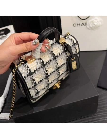 CHANEL Tweed Calfskin School Memory Mini Top Handle Flap Ecru Grey Beige Black,CHANEL,BAGS