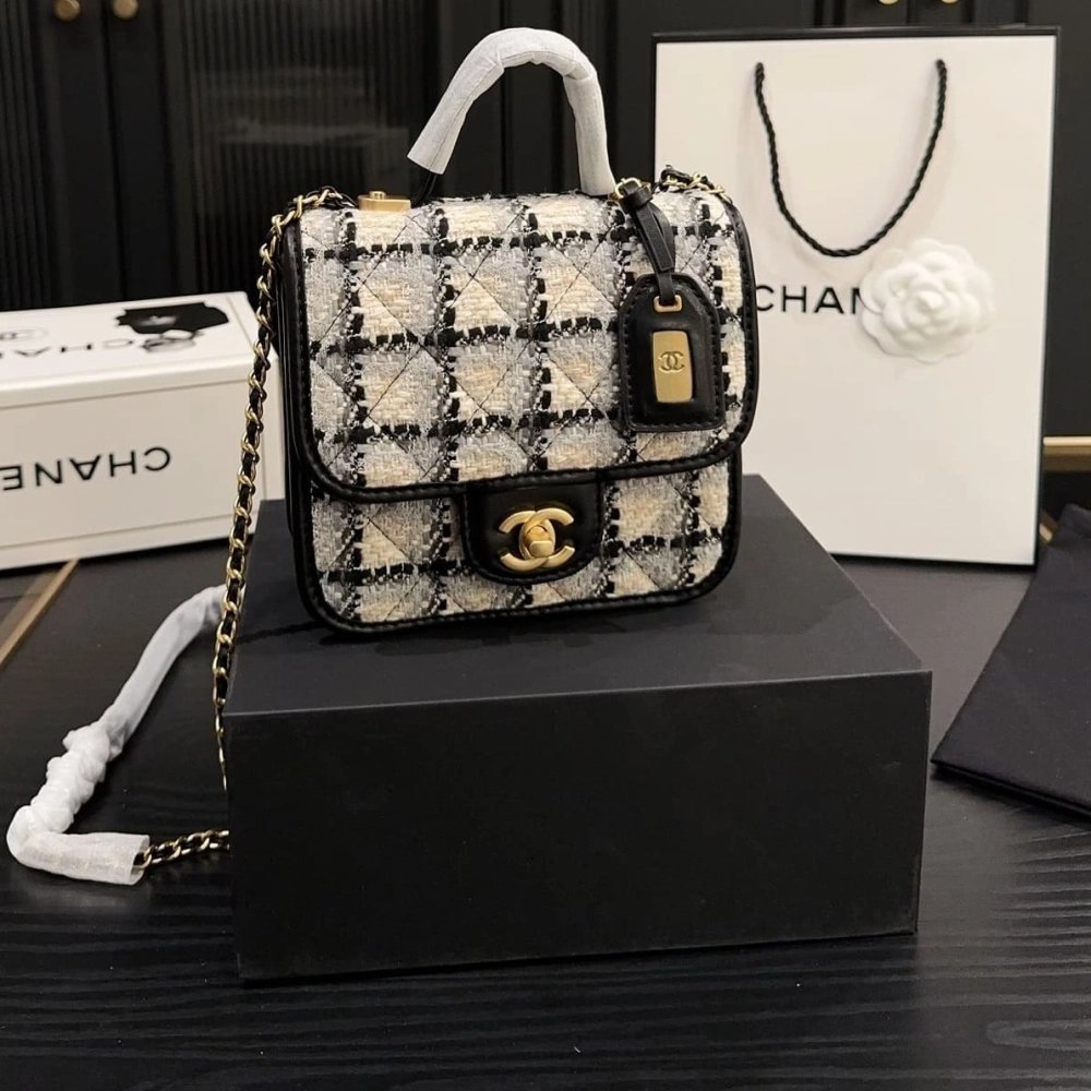 CHANEL Tweed Calfskin School Memory Mini Top Handle Flap Ecru Grey Beige Black,CHANEL,BAGS