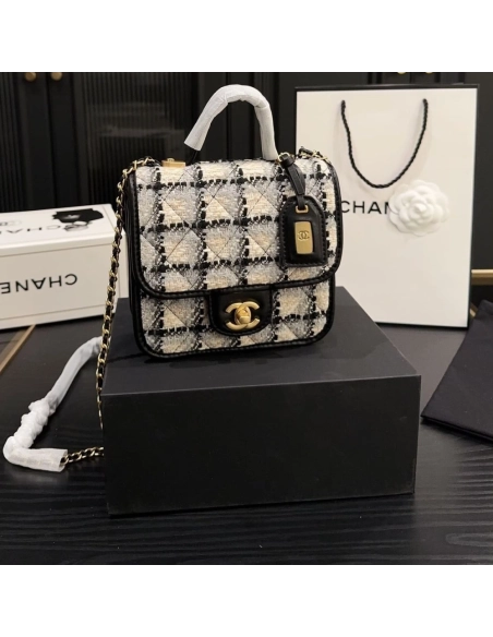 CHANEL Tweed Calfskin School Memory Mini Top Handle Flap Ecru Grey Beige Black,CHANEL,BAGS
