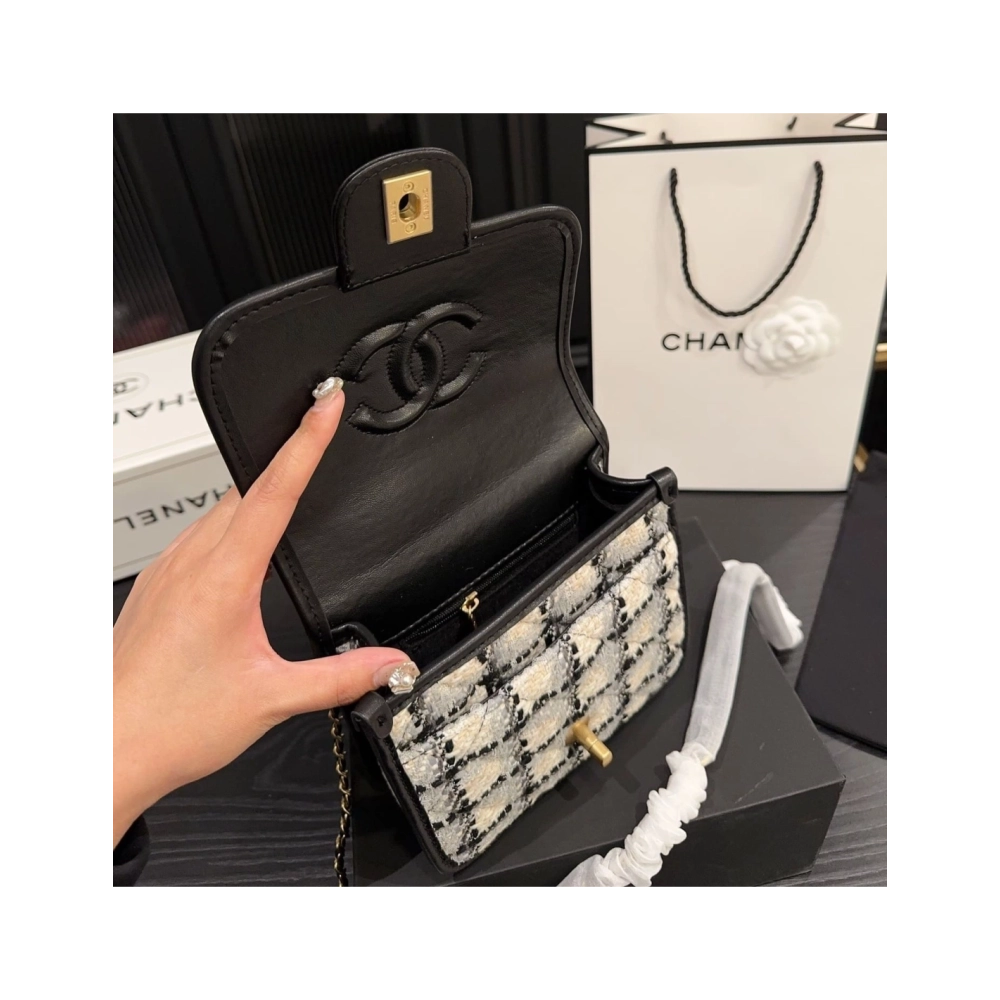 CHANEL Tweed Calfskin School Memory Mini Top Handle Flap Ecru Grey Beige Black,CHANEL,BAGS